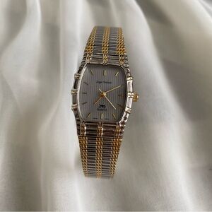 VTG Sergio Valente Quartz Gold Silver Two-Tone Grey Pinstripe Face Watch